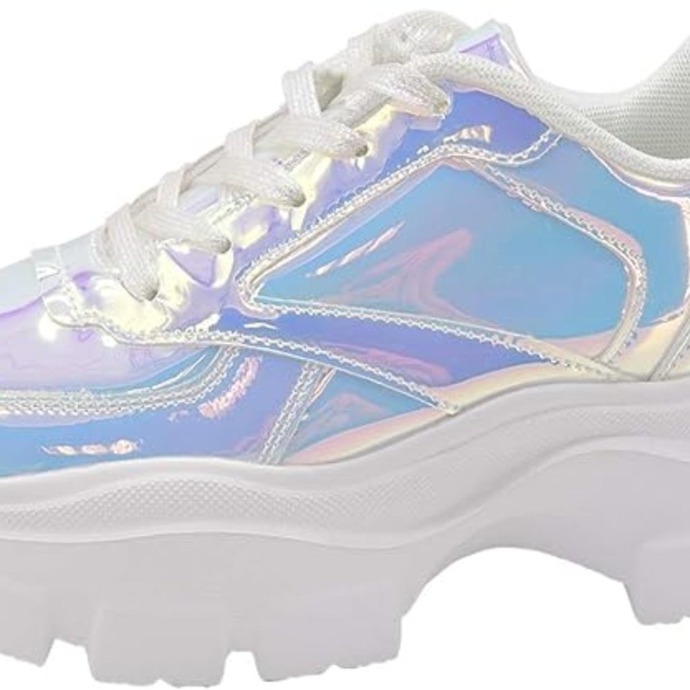 LUCKY STEP Women Chunky Platform White Neon Green Fuchsia Hologram Sneakers